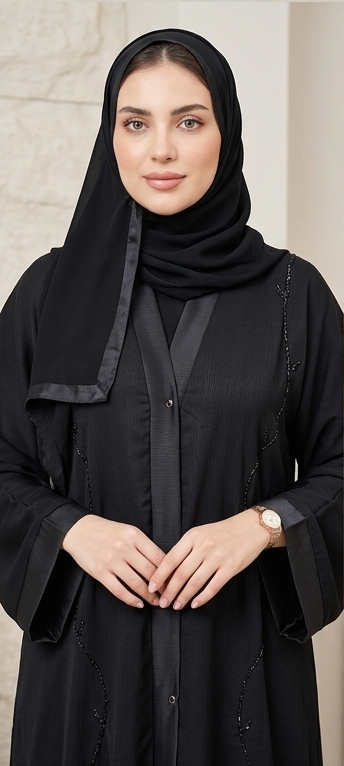 Woman wearing black beaded button-down abaya with satin trim hijab, full-length front view