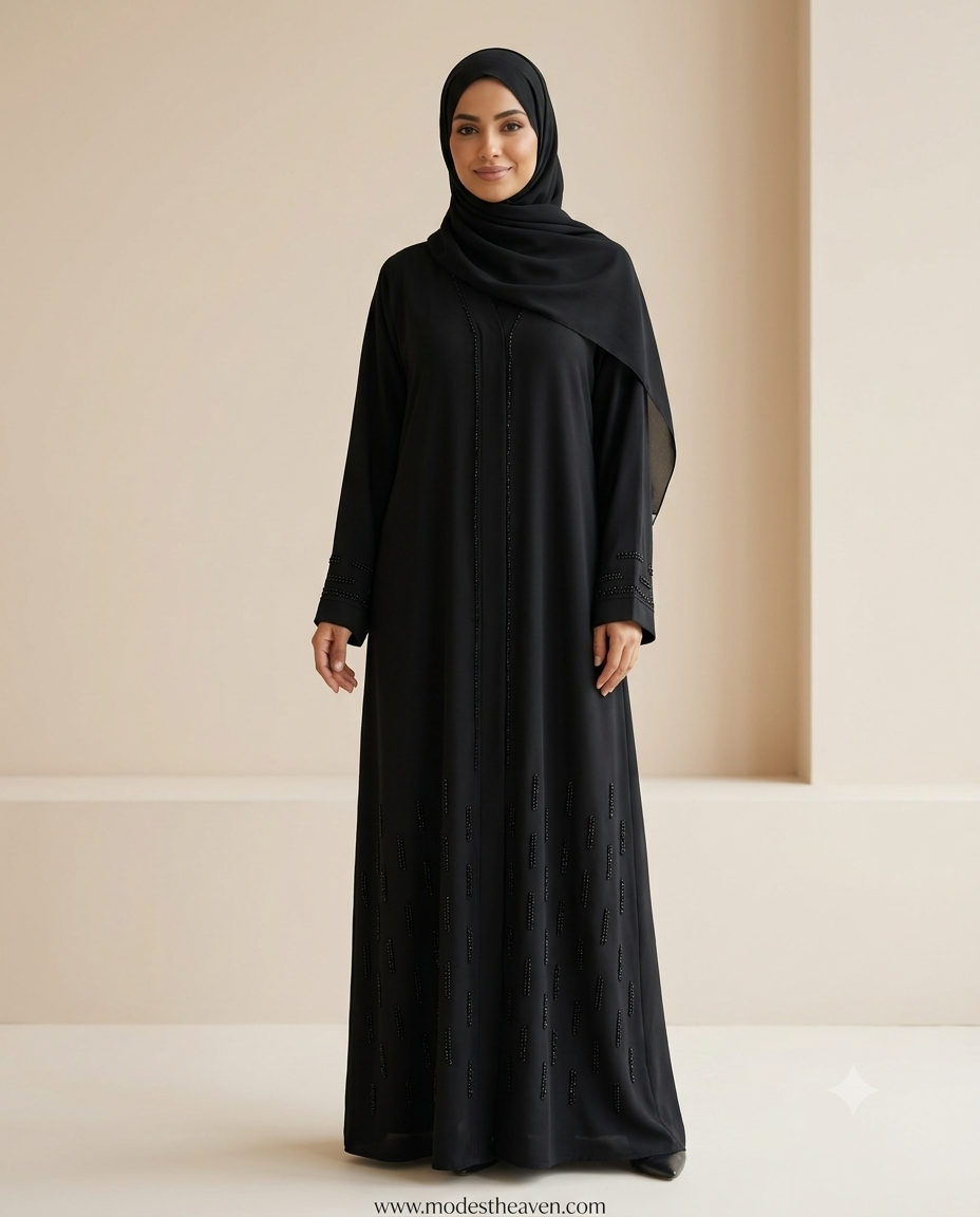 Black beaded abaya with matching hijab front view
