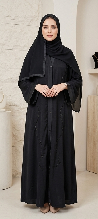 Woman wearing black beaded button-down abaya with satin trim hijab, full-length front view