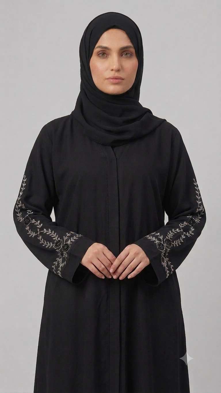 Woman wearing black abaya with beaded rose vine sleeve embroidery and matching hijab, portrait front view