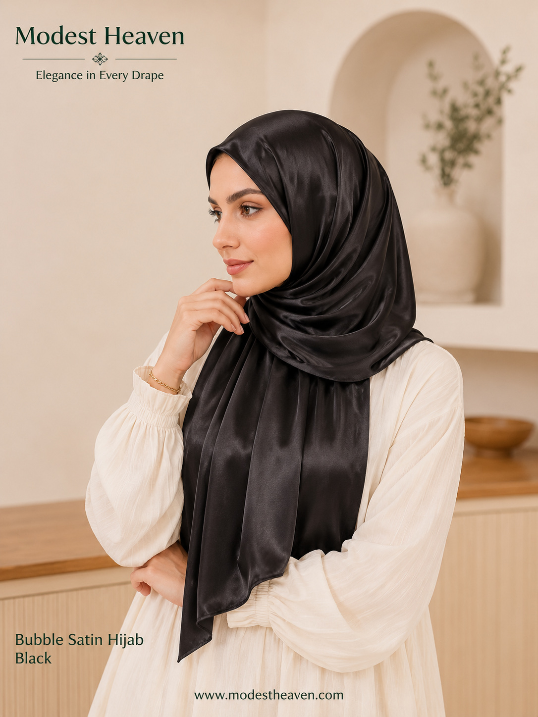 Woman wearing black premium bubble satin hijab, portrait view