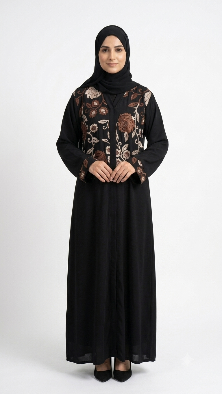 Woman wearing black abaya with copper floral shoulder and sleeve embroidery, matching hijab, front view