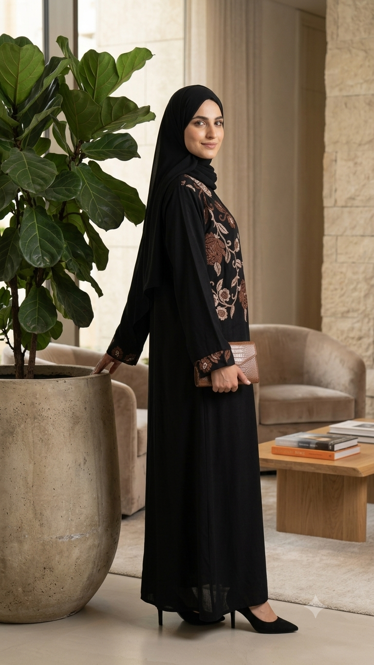 Woman wearing black abaya with copper floral shoulder and sleeve embroidery, matching hijab, side view