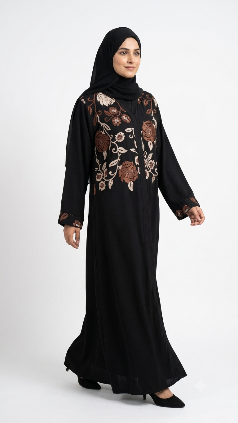 Woman wearing black abaya with copper floral shoulder and sleeve embroidery, matching hijab, side view