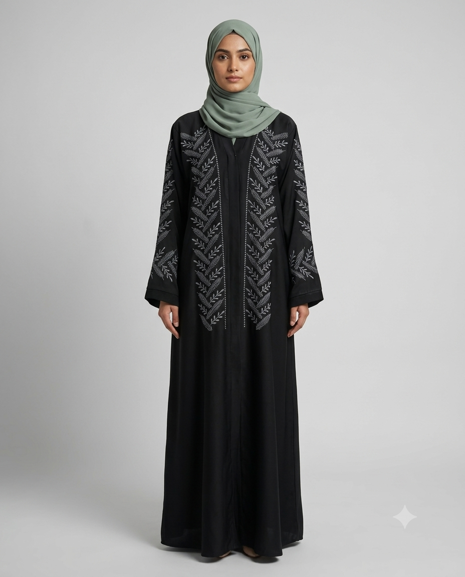 Woman wearing black fern embroidered abaya with sage green hijab, side view
