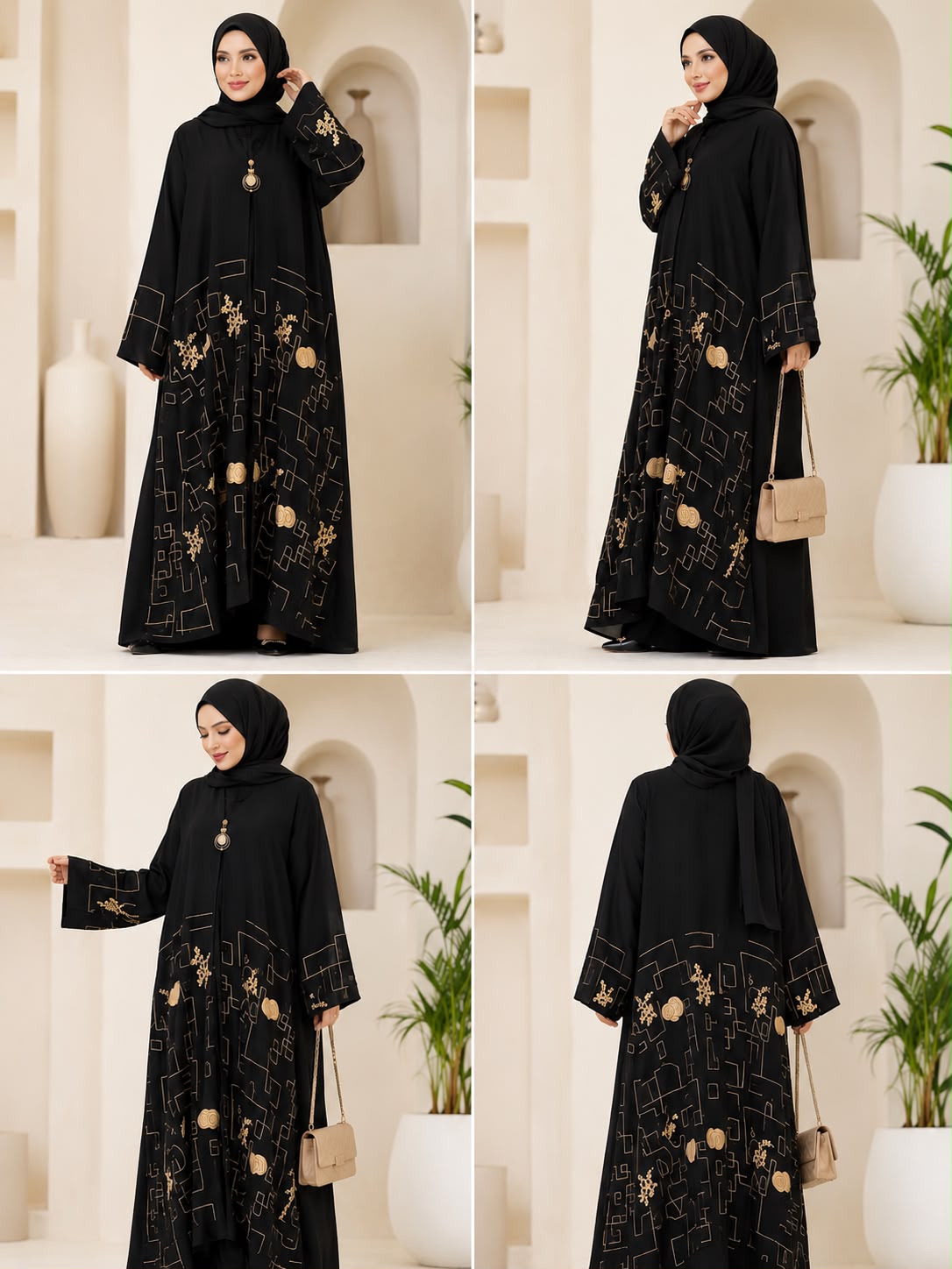 Woman wearing black gold geometric print abaya with statement pendant and matching hijab, full-length view