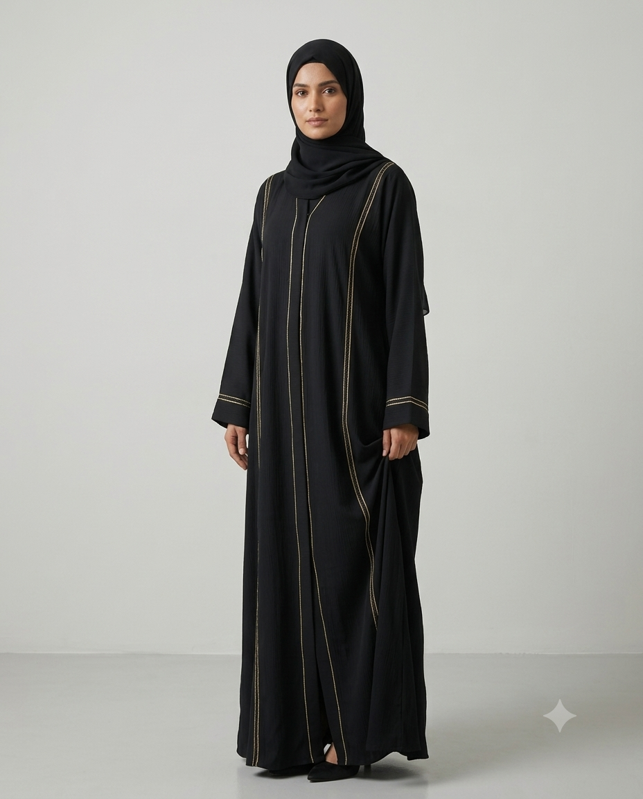 Woman wearing black textured abaya with gold piping detail and matching hijab, full-length angel view