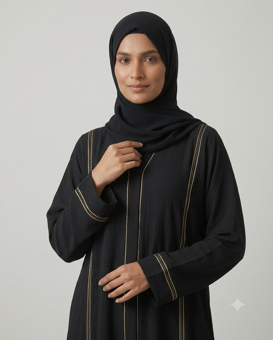 Woman wearing black textured abaya with gold piping detail and matching hijab, full-length close up view