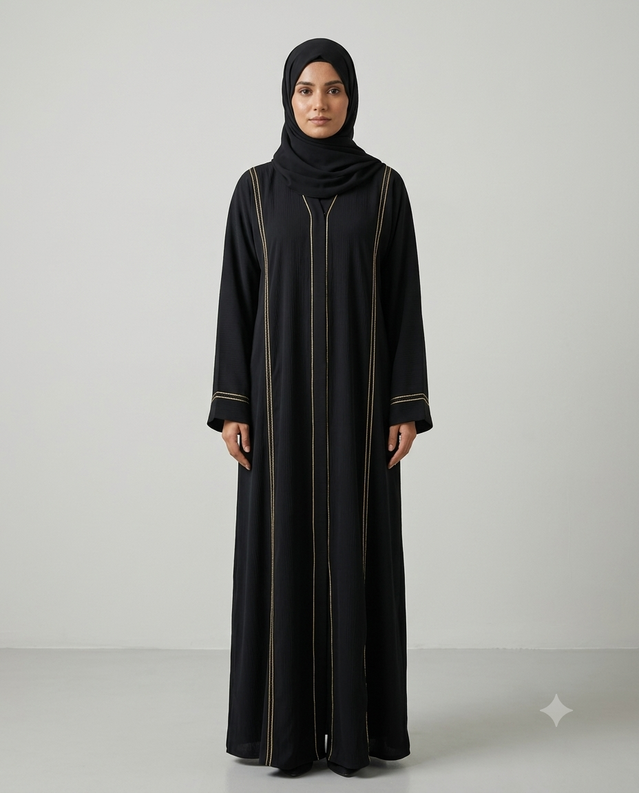 Woman wearing black textured abaya with gold piping detail and matching hijab, full-length front view