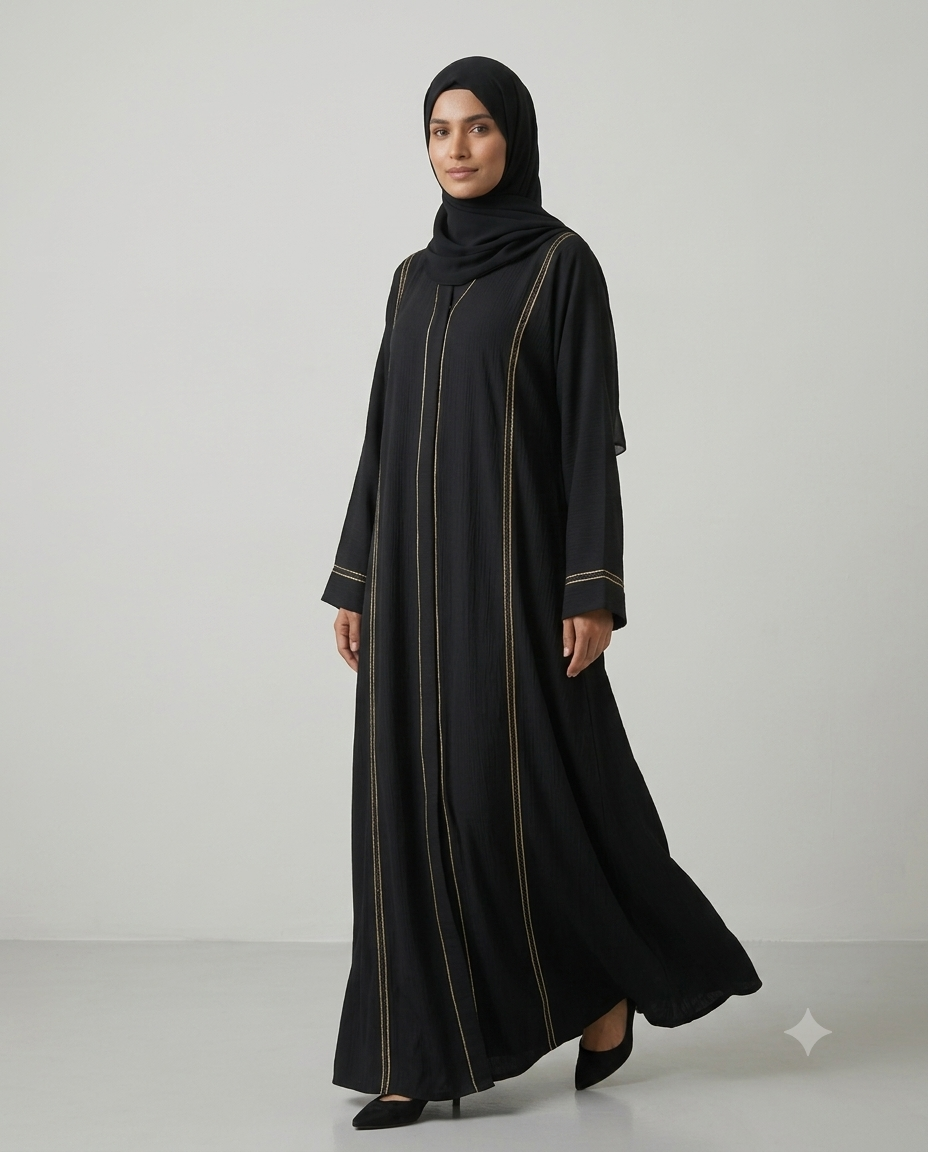 Woman wearing black textured abaya with gold piping detail and matching hijab, full-length side view