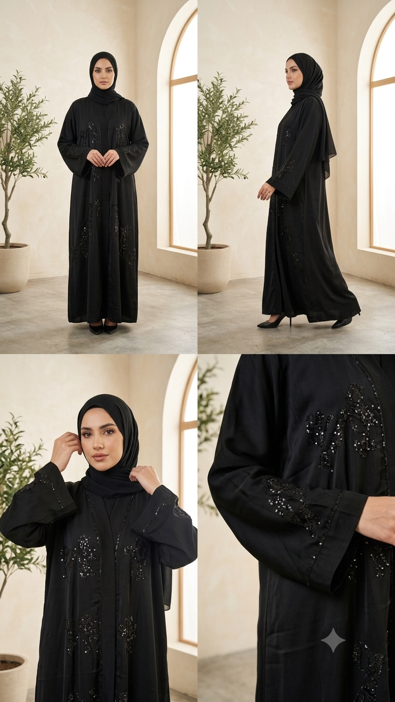 Woman wearing black sequin floral embroidered open abaya with bell sleeves and matching hijab, full-length view