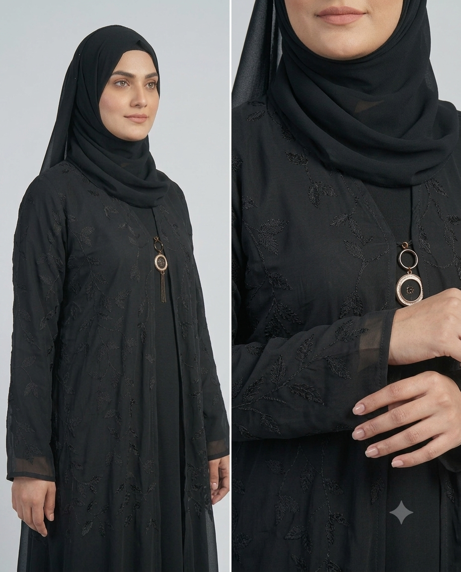 Woman wearing black sheer leaf embroidered layered abaya with pendant necklace and matching hijab, full-length front Side view