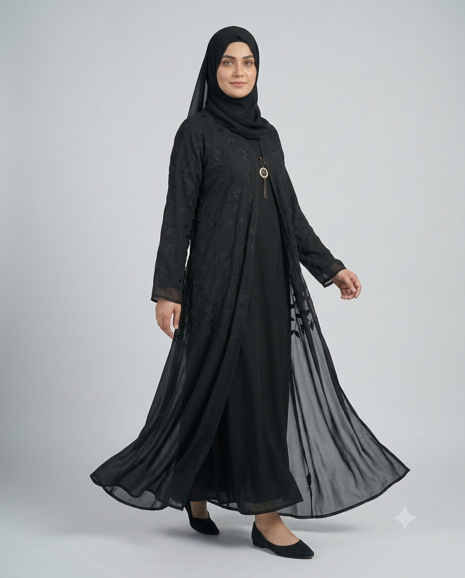 Woman wearing black sheer leaf embroidered layered abaya with pendant necklace and matching hijab, full-length side view