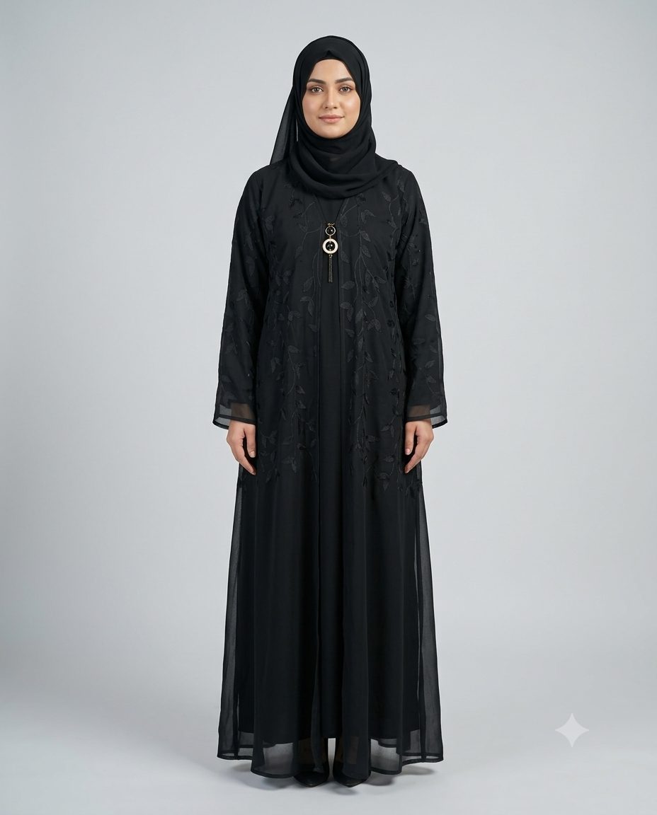 Woman wearing black sheer leaf embroidered layered abaya with pendant necklace and matching hijab, full-length front view