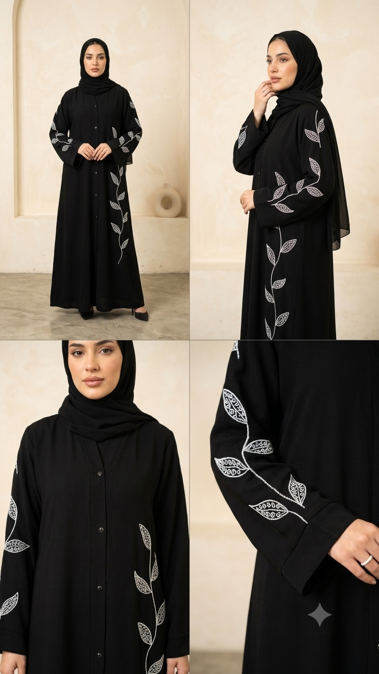 Woman wearing black button-down abaya with white leaf vine embroidery and matching hijab, full-length  view