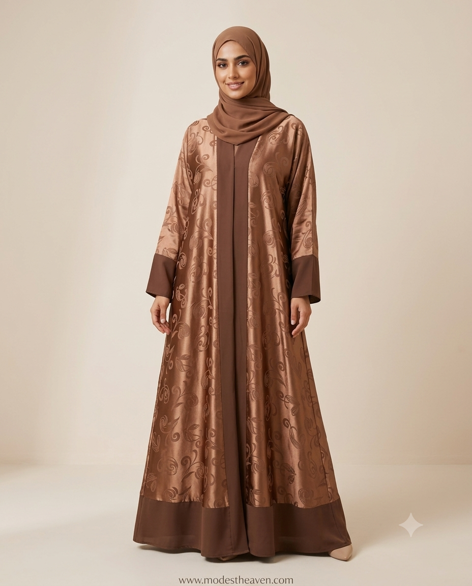  Bronze jacquard open abaya with floral print full length view on hanger
