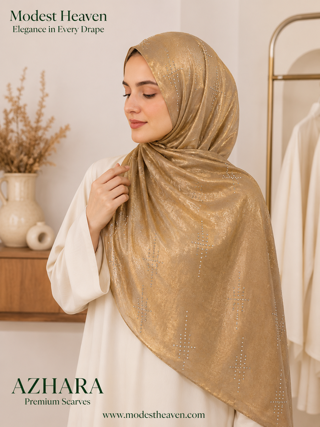 Bubble Satin Hijab Azhara Foil Print in Antique Gold by Modest Heaven