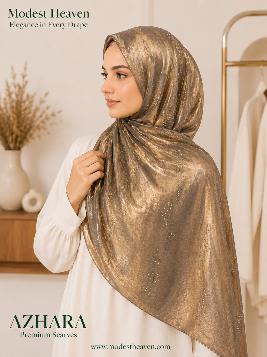 Bubble Satin Hijab Azhara Foil Print in Bronze by Modest Heaven