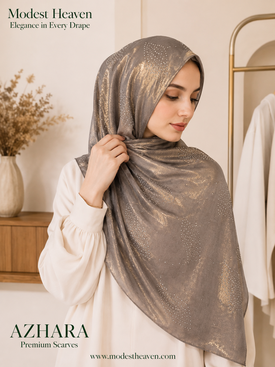 Bubble Satin Hijab Azhara Foil Print in Mauve Gold by Modest Heaven