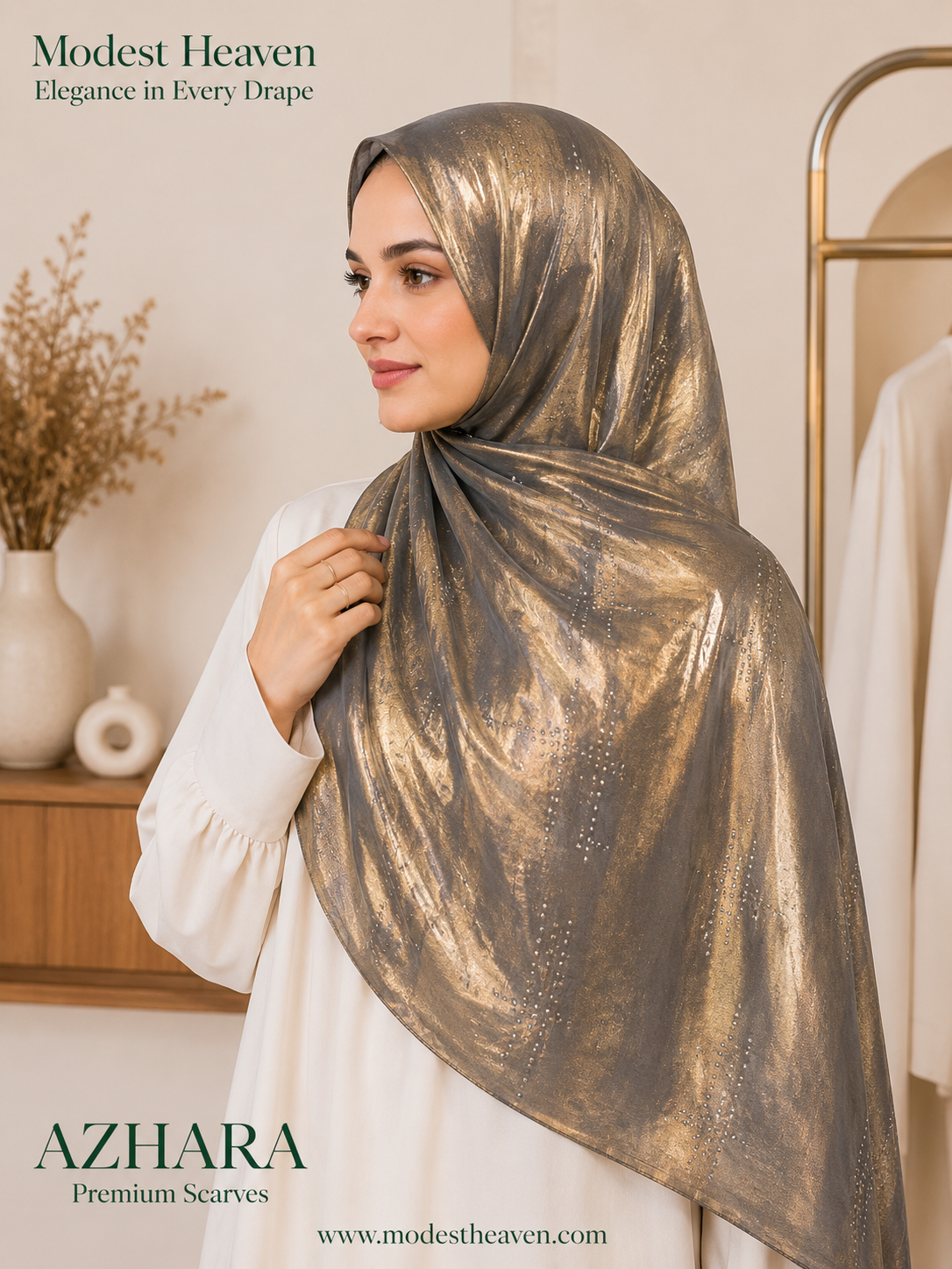 Bubble Satin Hijab Azhara Foil Print in Grey-Gold by Modest Heaven