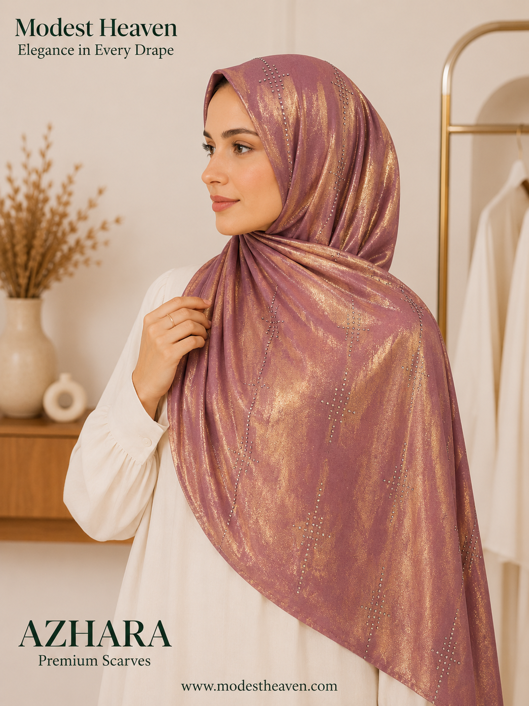 Bubble Satin Hijab Azhara Foil Print in Mauve Gold by Modest Heaven