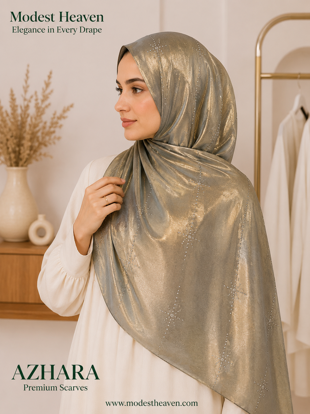 Bubble Satin Hijab Azhara Foil Print in Olive Gold by Modest Heaven