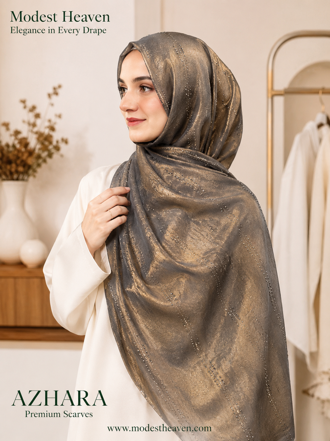 Bubble Satin Hijab Azhara Foil Print in Smoke Gold by Modest Heaven