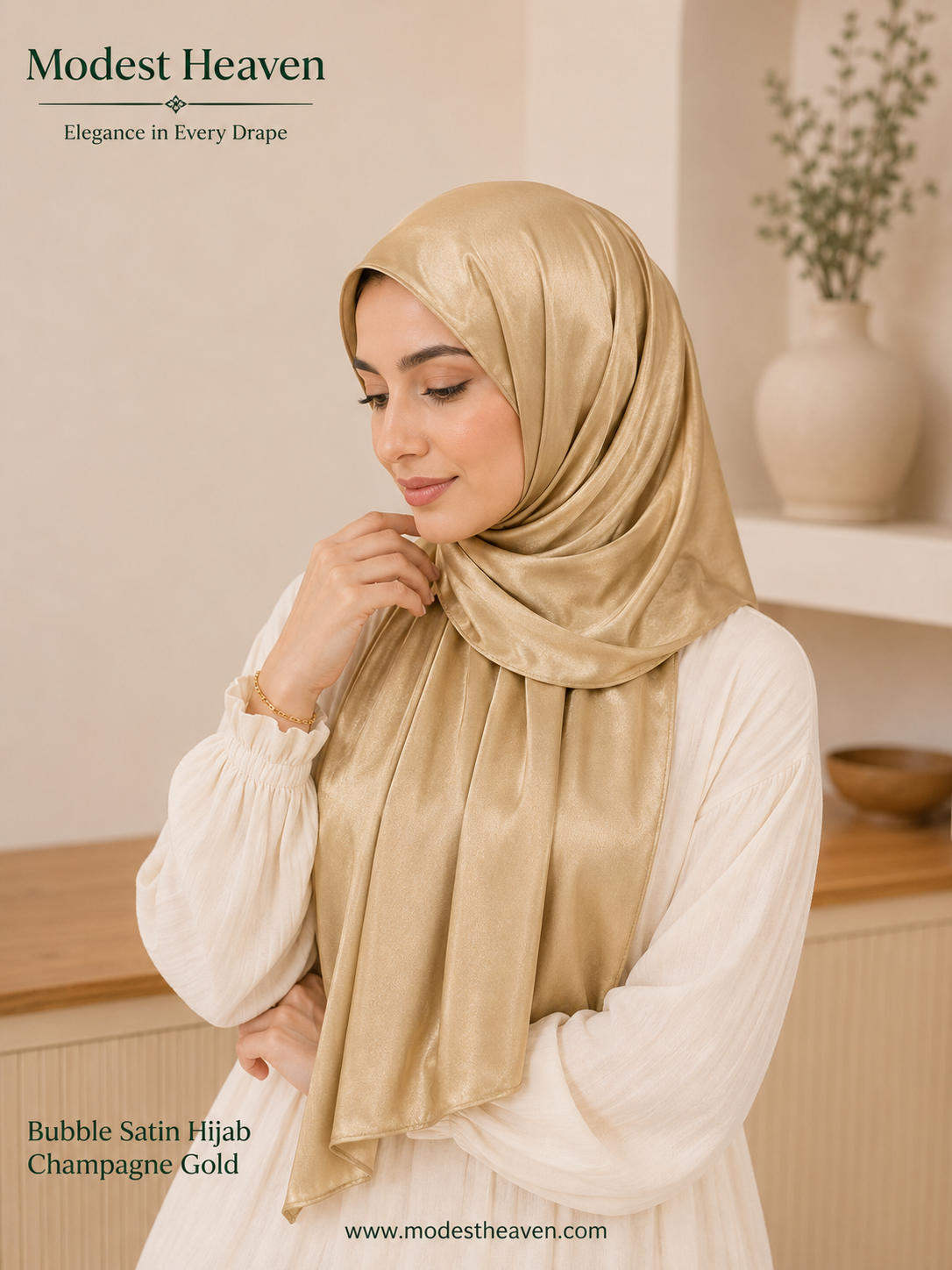 Woman wearing champagne gold premium bubble satin hijab, portrait view