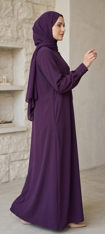 Side view of woman in deep purple button-down abaya with flowing hijab drape