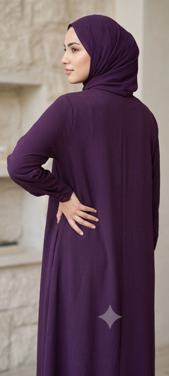 Back view of deep purple abaya showing flowing silhouette and matching hijab