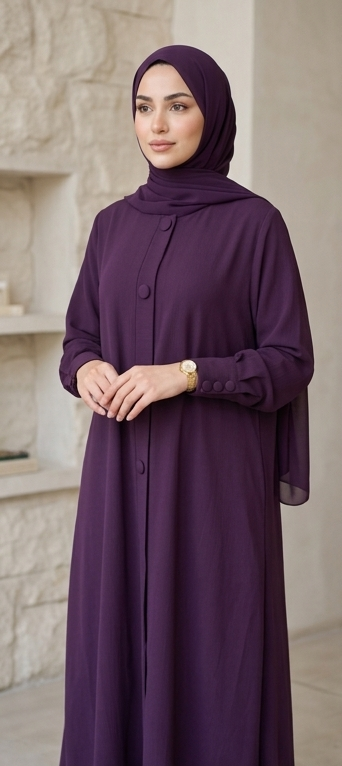 Woman wearing deep purple button-down abaya with covered buttons and matching hijab, full-length front view