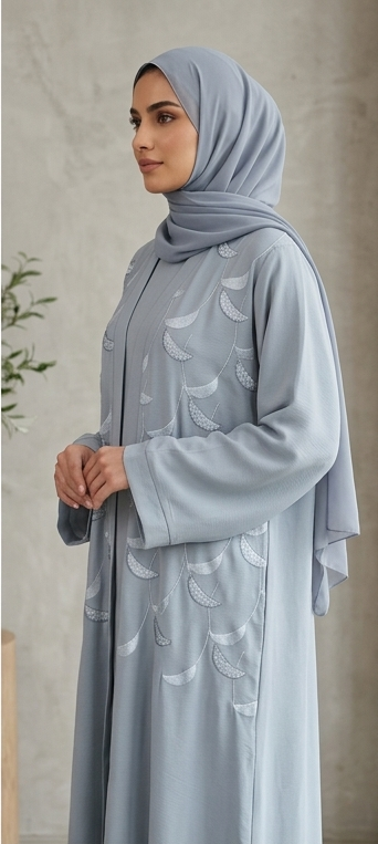 Side view of dusty grey embroidered abaya showing flowing sleeve and hijab drape