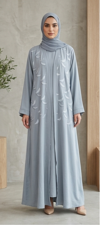 frount view of dusty grey embroidered abaya showing flowing sleeve and hijab drape