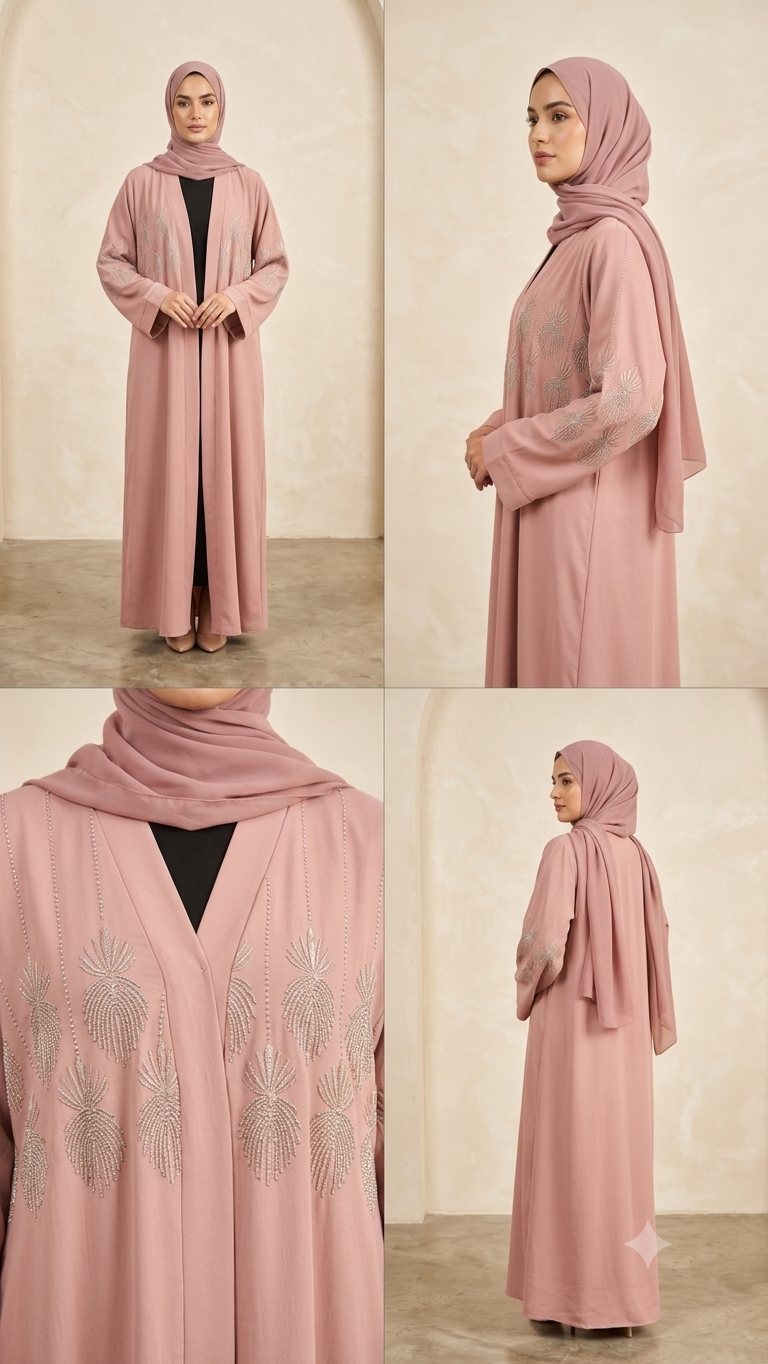 Woman wearing dusty pink beaded palm embroidered open abaya over black inner with matching hijab, full-length view