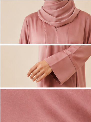 Woman wearing a dusty rose front-pleated abaya with matching chiffon hijab, full-length front view