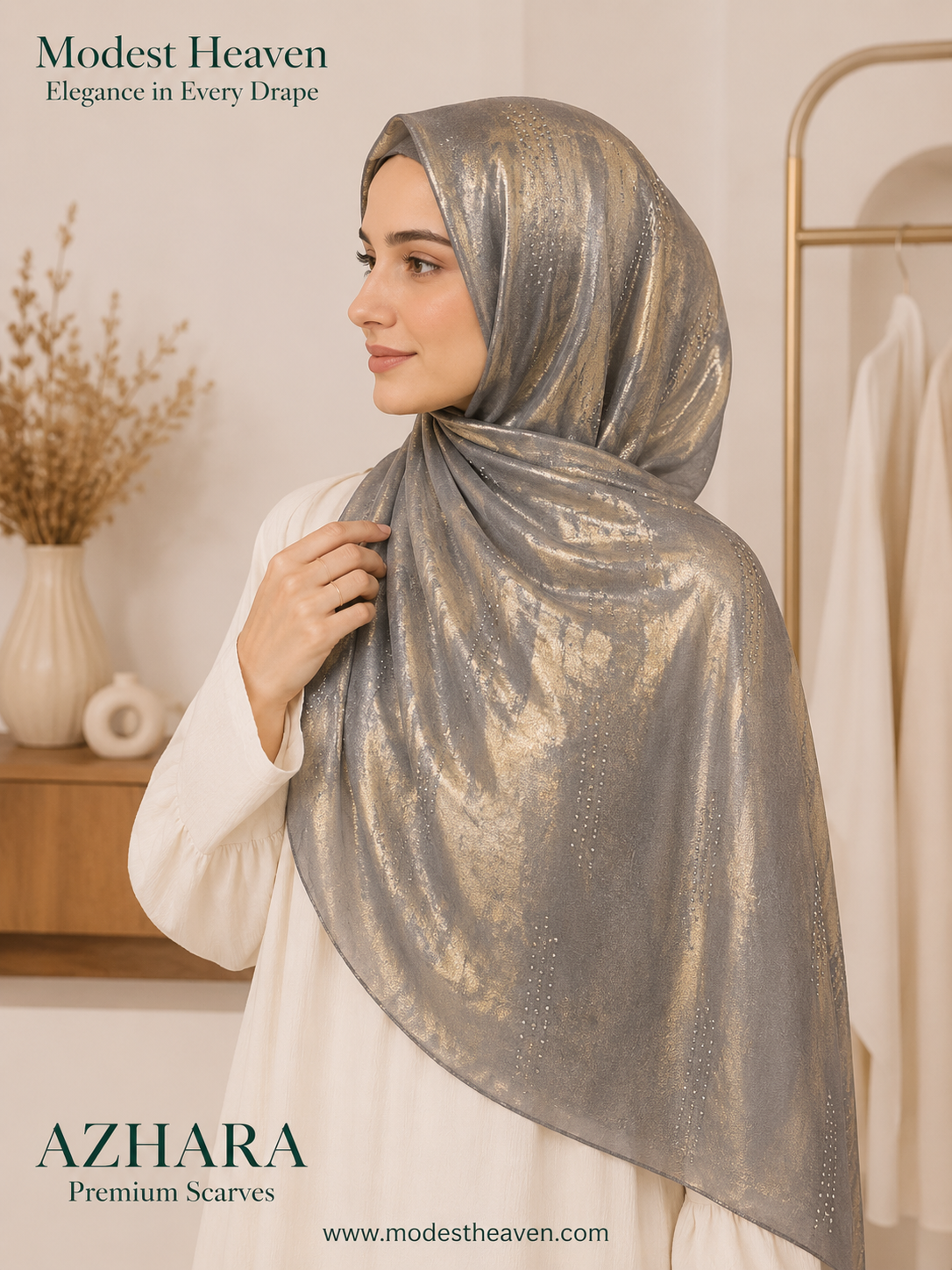 Bubble Satin Hijab – Azhara Foil Print (Charcoal Gold) | Modest Heaven