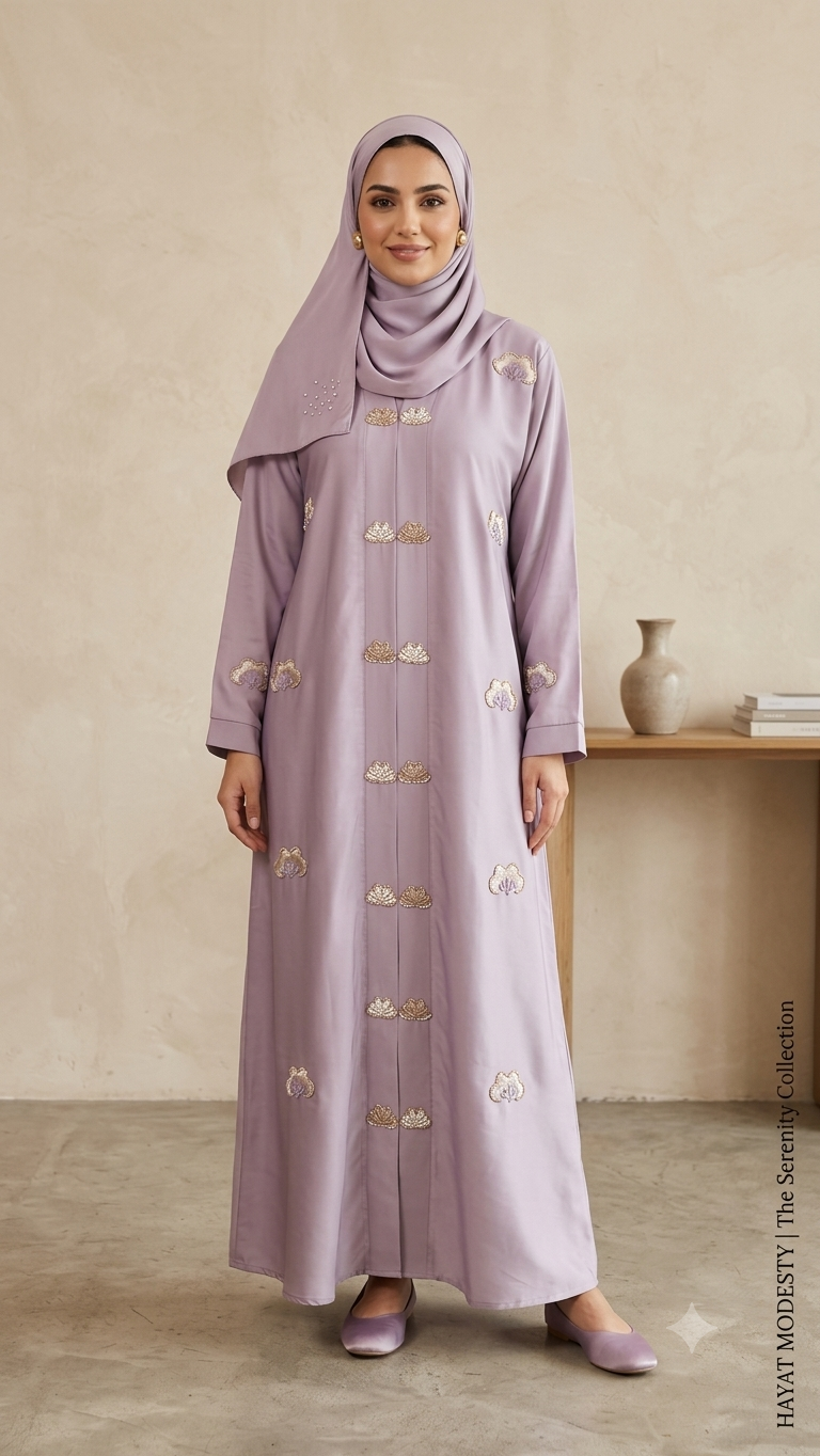 Woman wearing a lavender embroidered abaya with floral embroidery and matching hijab, full-length front view