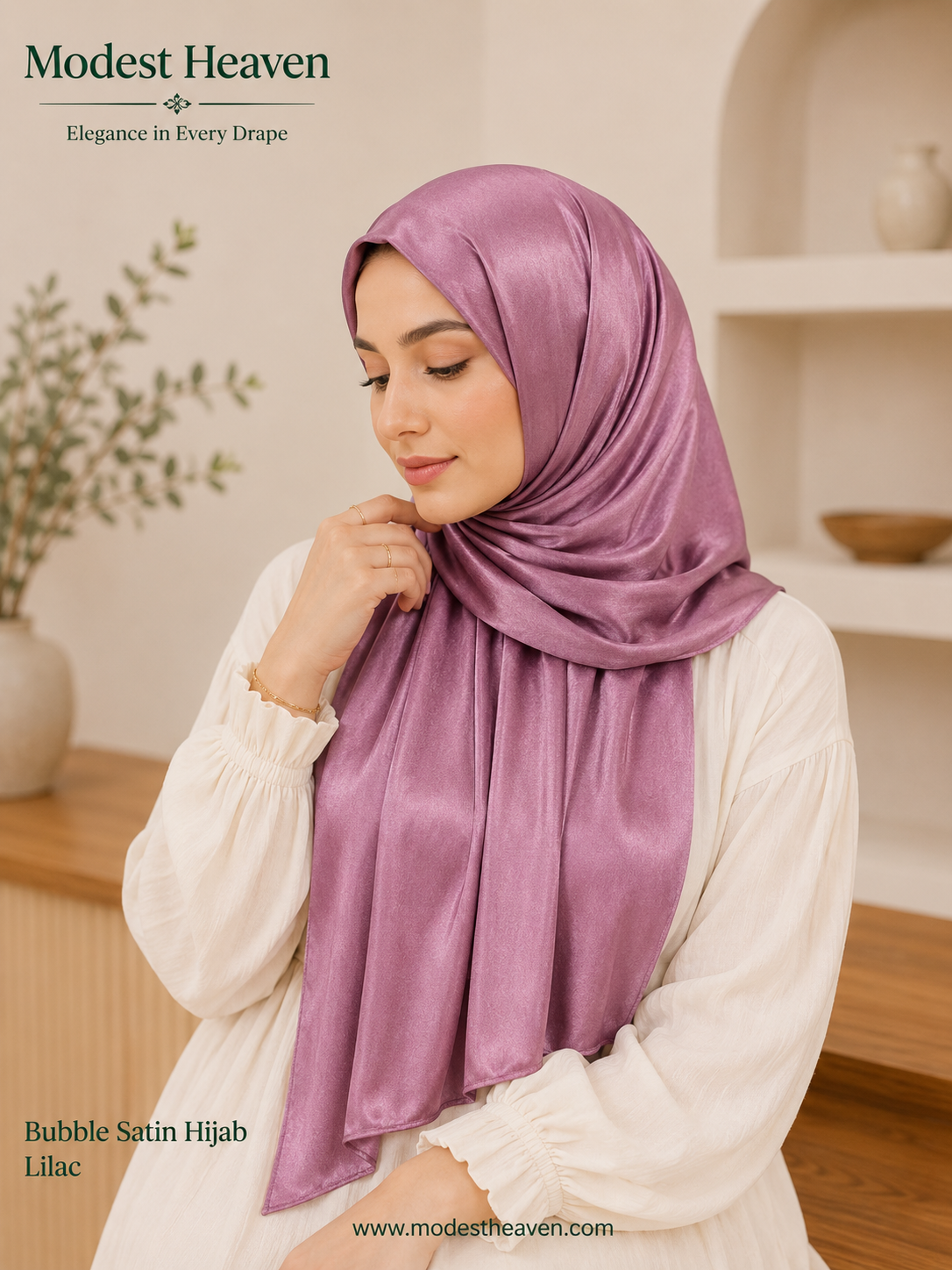 Woman wearing lilac premium bubble satin hijab, portrait view