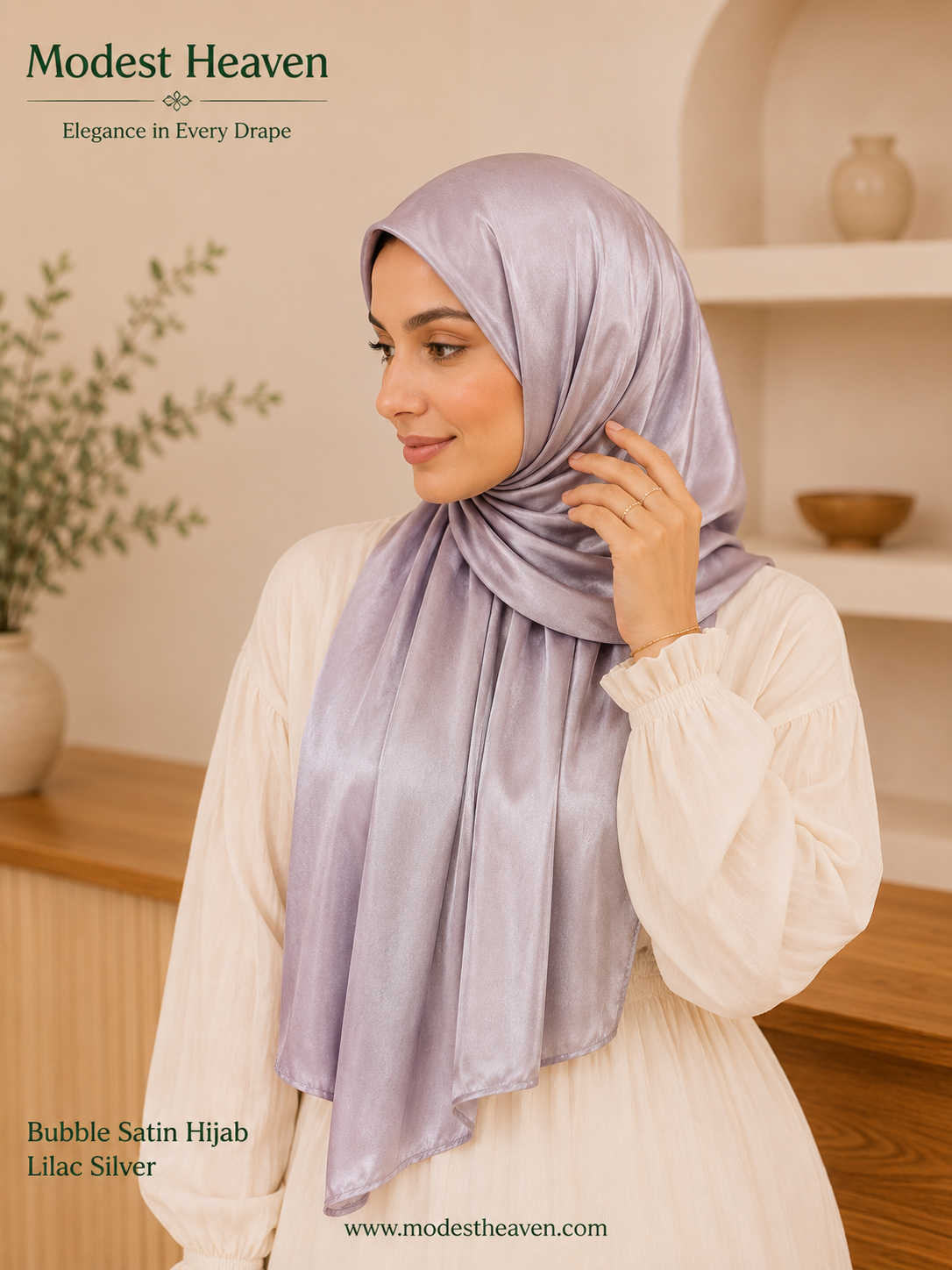 Woman wearing lilac silver premium bubble satin hijab, portrait view