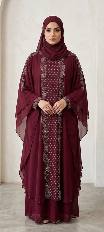 Woman wearing maroon embellished kaftan abaya with cape sleeves and matching hijab, full-length front view