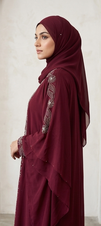 Side view of maroon embellished kaftan abaya showing layered cape sleeve and hijab drape