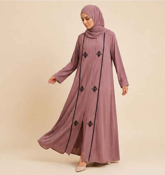Woman wearing mauve embroidered open abaya with black floral motifs and hijab