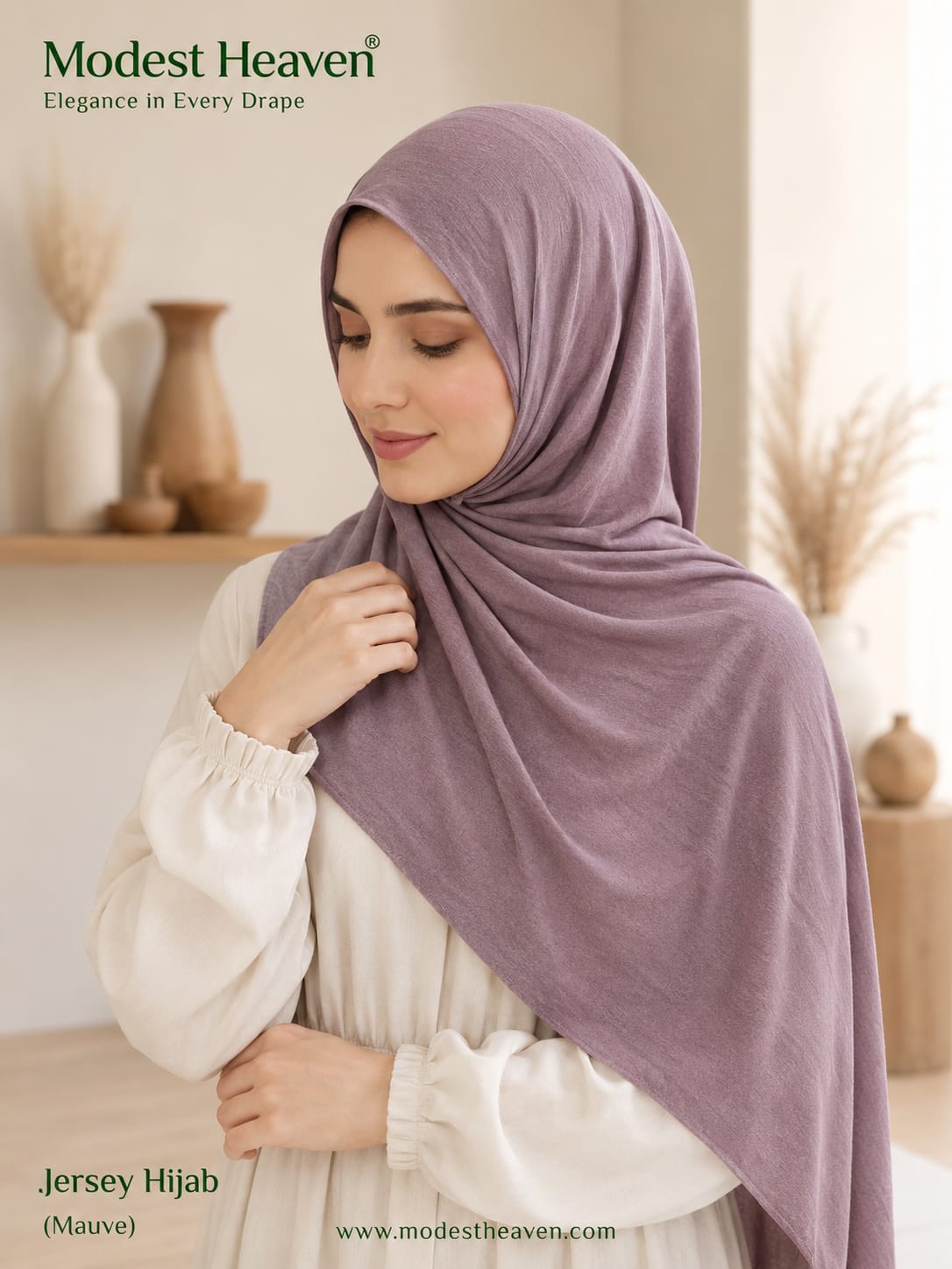 Woman wearing mauve premium jersey hijab, portrait view