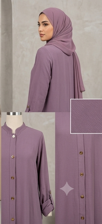 Woman wearing mauve purple button-down abaya with mandarin collar and matching hijab, full-length