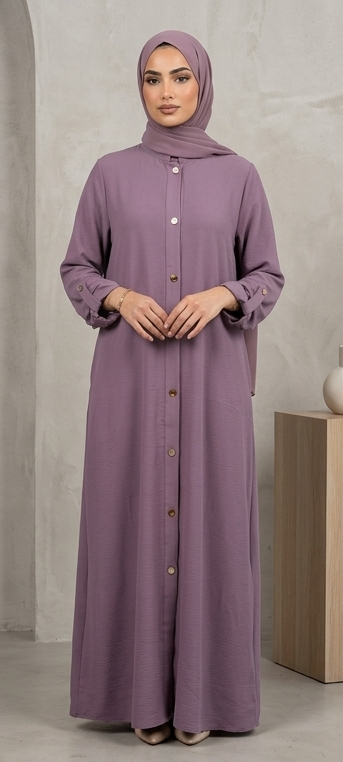 oman wearing mauve purple button-down abaya with mandarin collar and matching hijab, full-length