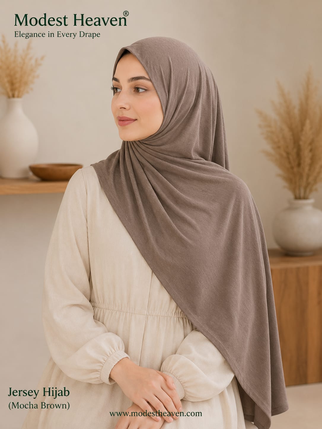Woman wearing mocha brown premium jersey hijab, portrait view
