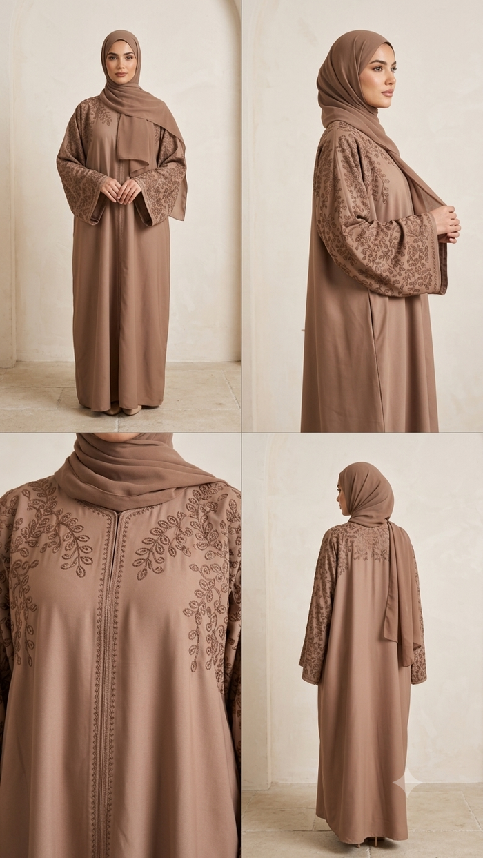 Mocha Brown Leaf Embroidered Bell-Sleeve Abaya with Hijab
