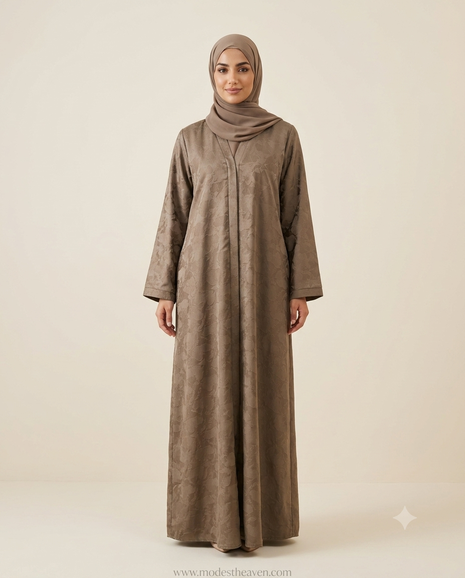 Mocha brown jacquard floral abaya full length view on hanger in store