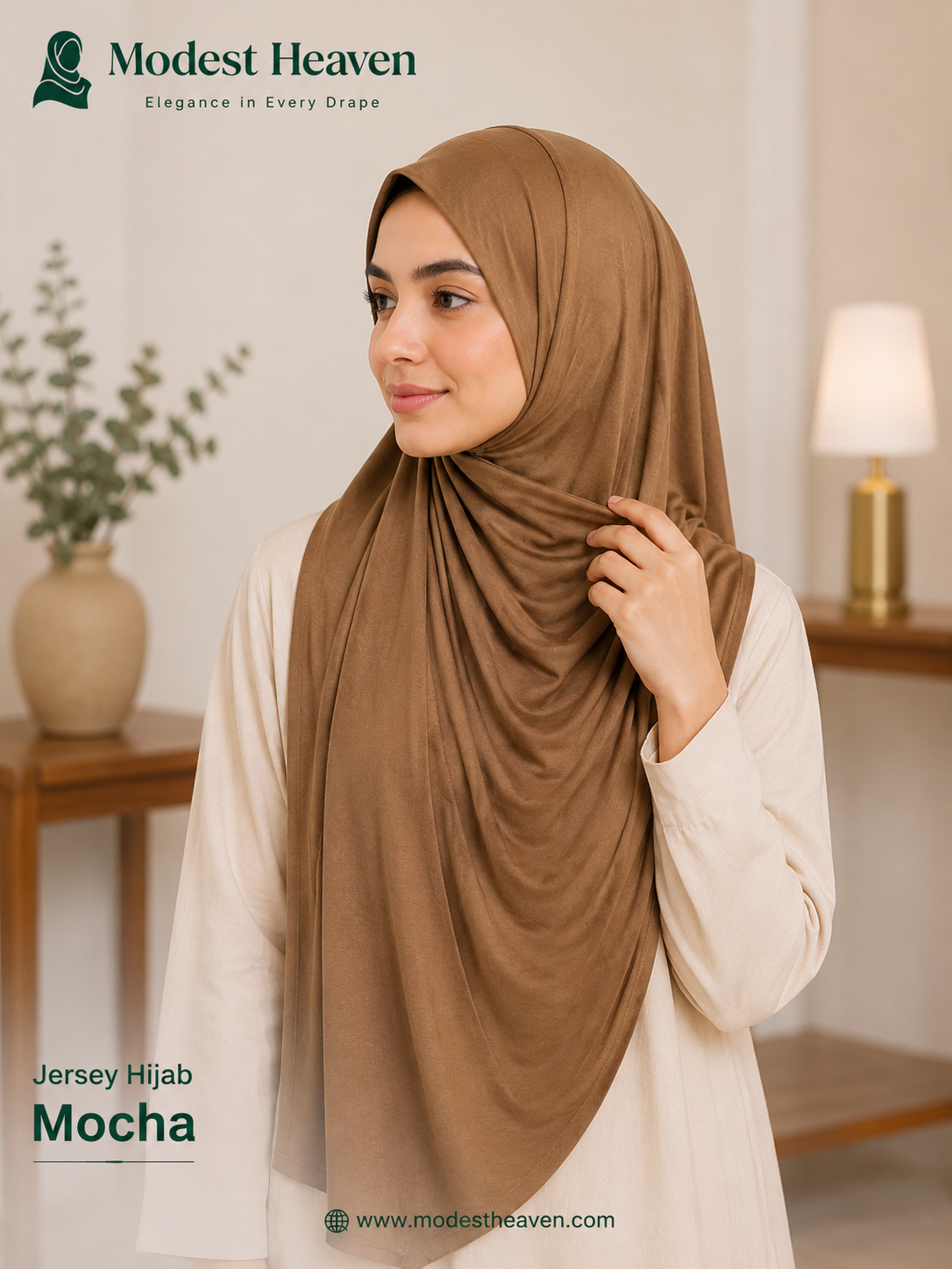 Woman wearing mocha premium jersey hijab, portrait view