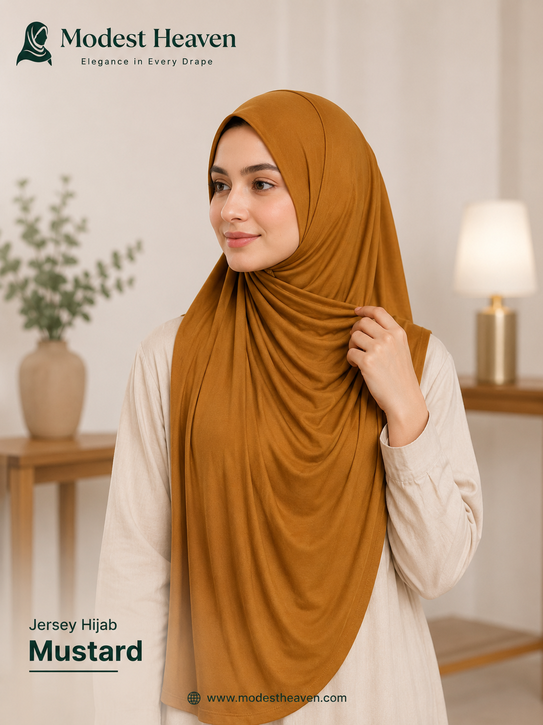 Woman wearing mustard premium jersey hijab, portrait view
